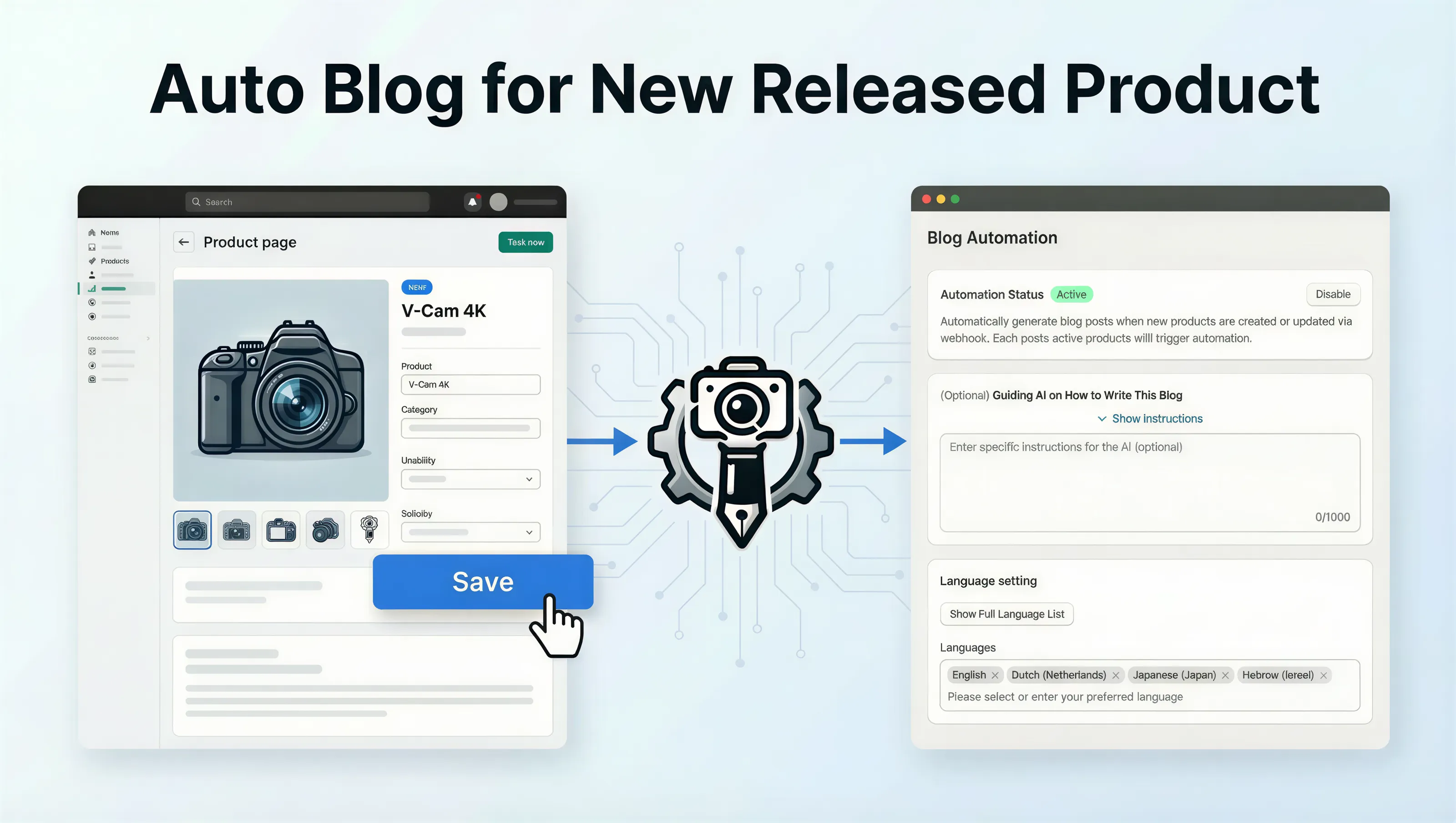 Vtober automates blog creation when a new product is released.
