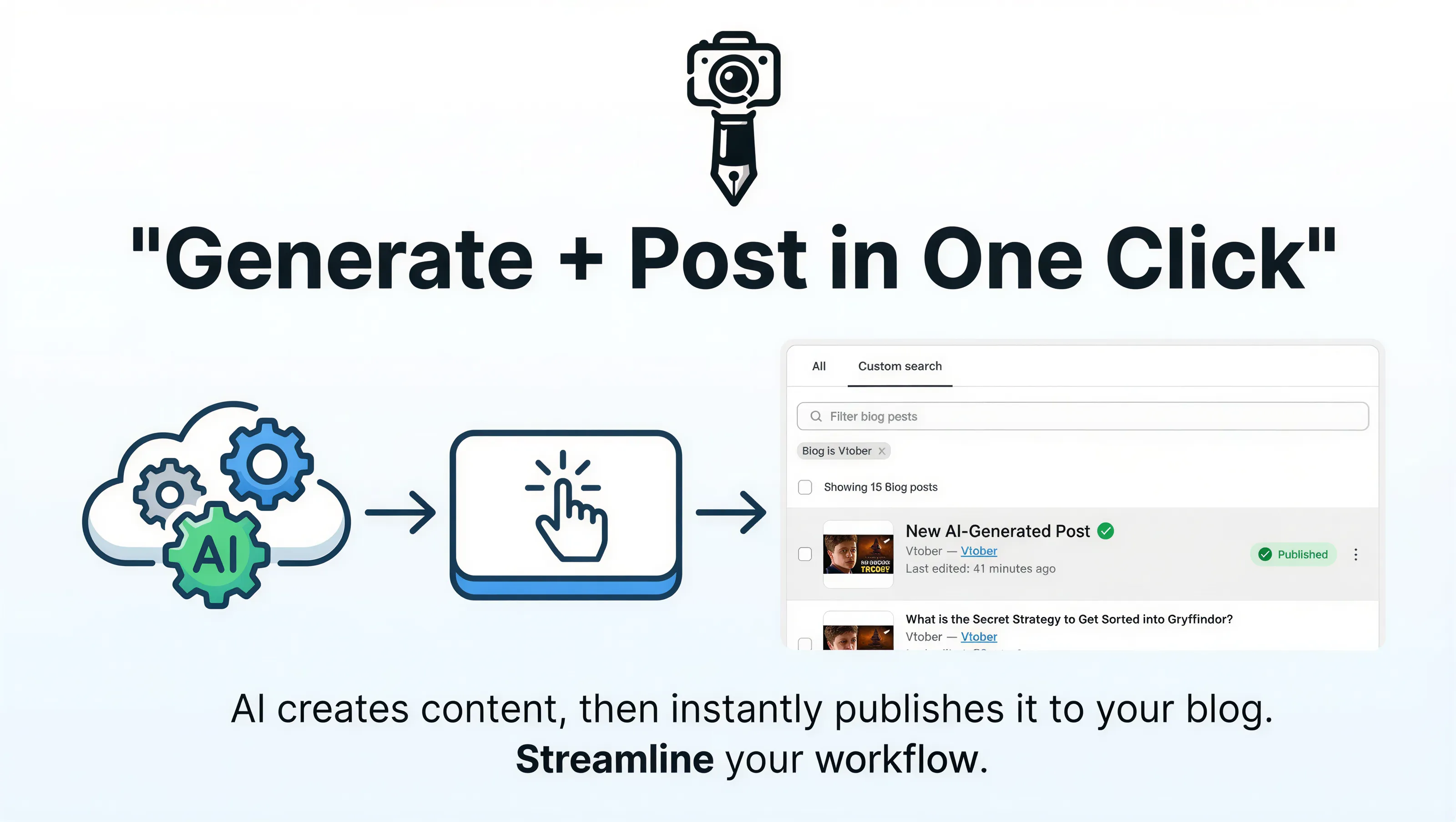 Vtober can generate and publish blog posts in one click.